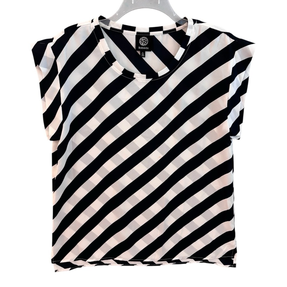 Bobeau Blouse Womens S Black White Striped Short Sleeve Lightweight Career Top